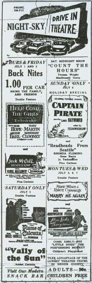 Night-Sky Drive-In Theatre - Night-Sky Ad July 1 1954